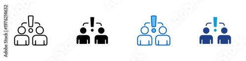 Team Alert Multiple Style Icon Design Vector - Two people with exclamation mark above representing team warning, internal issue notification, and staff attention