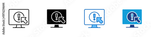 System Error Multiple Style Icon Design Vector - Monitor with warning sign and cursor representing software error handling, system alert, and troubleshooting action