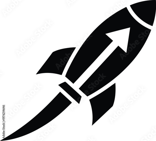 Dynamic black silhouette of a rocket ship ascending with a bold upward arrow integrated into its design symbolizing rapid growth innovation and successful business launch against a clean white
