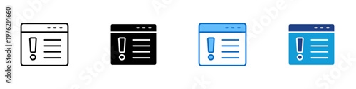 Web Warning Multiple Style Icon Design Vector - Browser window with exclamation mark representing system alert, website warning, and error notification
