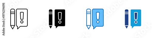 Feedback Alert Multiple Style Icon Design Vector - Pencil and speech bubble with exclamation mark representing content feedback, review notification, and editing alert