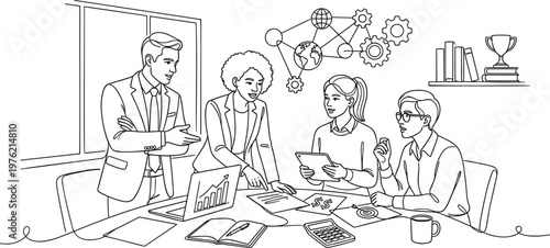 Minimalist illustration of corporate team members discussing project strategy and financial planning in modern office environment line art.
