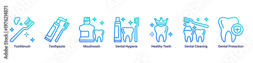 Oral Hygiene web banner icon vector illustration with icons of Toothbrush,Toothpaste,Mouthwash,Dental Hygiene,Healthy Teeth,Dental Cleaning and Dental Protection