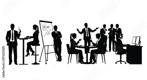 Business people, office workers, team collaboration, meeting silhouettes, black icons