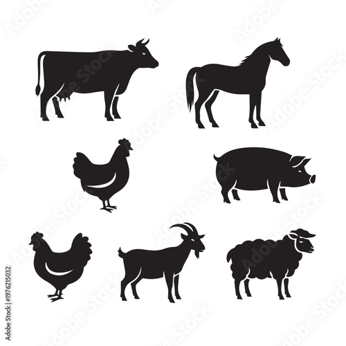 Farm Animals Silhouette Collection - Minimalist Livestock Vector Icons Set