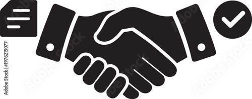 Handshake agreement with document and checkmark icon  business partnership