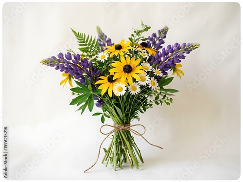 Beautiful bouquet of colorful flowers including yellow sunflowers white daisies and purple lupines tied with twine on light background  flowers bouquet  floral arrangement