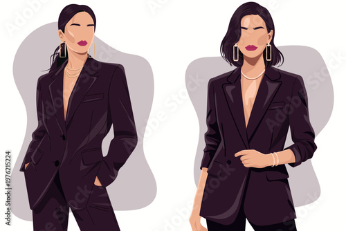 Stylish Women in Plum Noir Business Suits, 2026 Color Trend Fashion Illustration, Elegant Ladies in Dark Purple Blazers, Professional Office Outfit Vector Set Isolated on White Background.