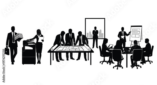 Business people, office workers, corporate team, meeting icons, black silhouettes