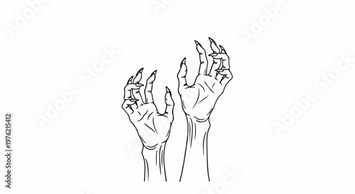 Spooky line art of two skeletal hands with sharp claws reaching upwards
