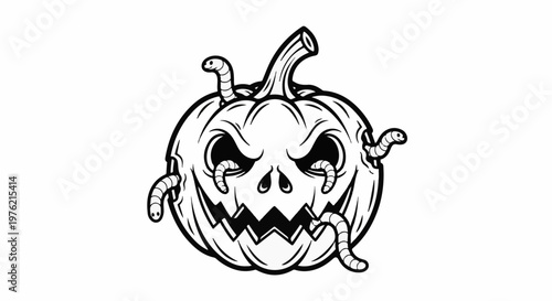 Spooky pumpkin carved with jagged teeth and worms crawling out