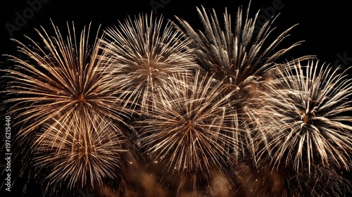 Massive golden fireworks burst filling entire frame with radiating sparks captured at peak explosion moment, spectacular pyrotechnics display perfect for celebration grand event concepts