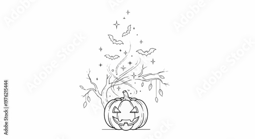 Spooky Halloween pumpkin with bats and stars erupting from branches