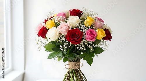 Beautiful bouquet of colorful roses and babys breath flowers with green leaves tied with twine on white background near window  romantic gift or decoration