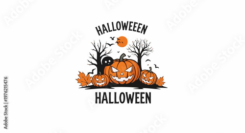 Spooky Halloween scene with grinning pumpkins, bare trees, and flying bats