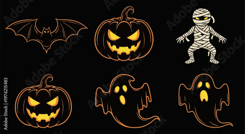 Spooky Halloween characters including bat, pumpkins, mummy, and ghosts