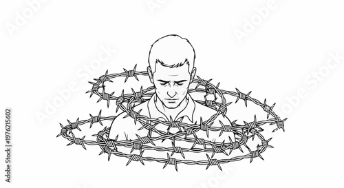 Solemn man burdened by sharp barbed wire entanglement
