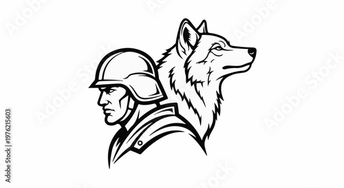 Soldier and wolf profiles facing left, side by side in black and white