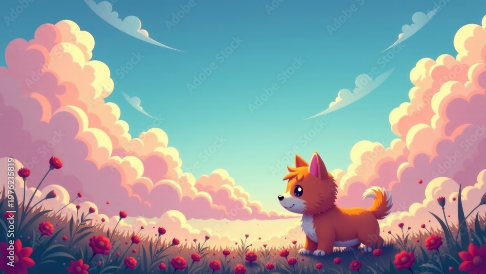 Obraz premium A cute dog standing among bright colorful flowers, perfect for illustrations or designs
