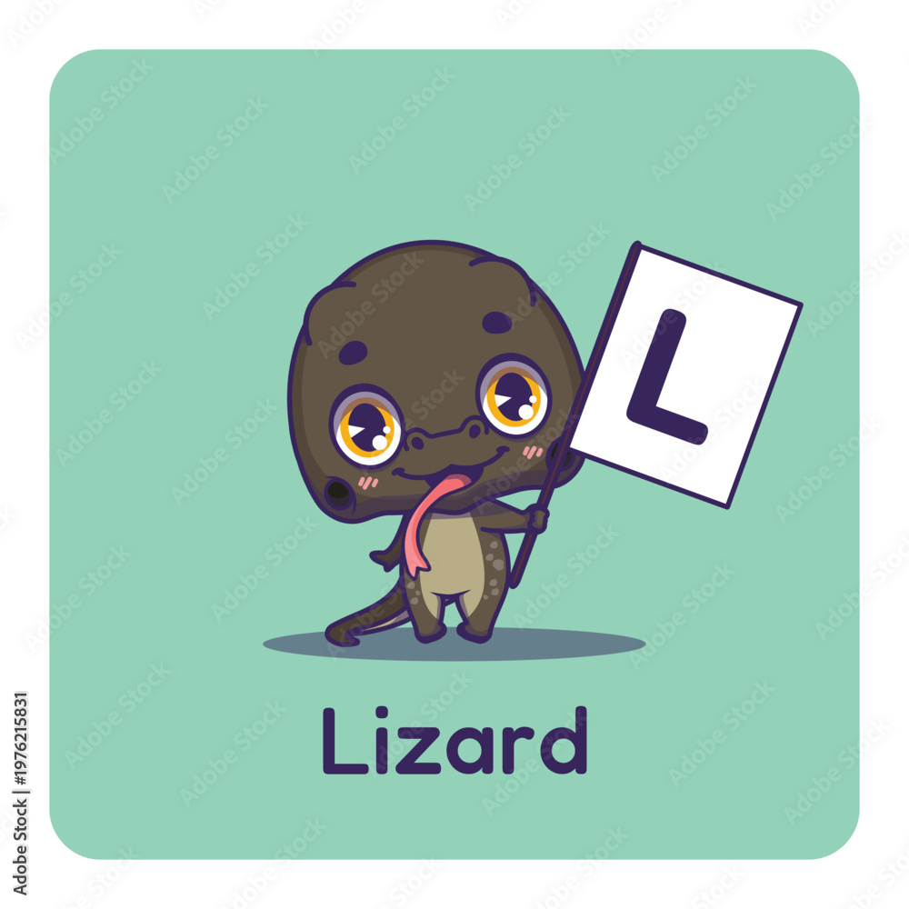 Fototapeta premium Cute lizard holding flag with letter L for fun educational purposes, illustrations