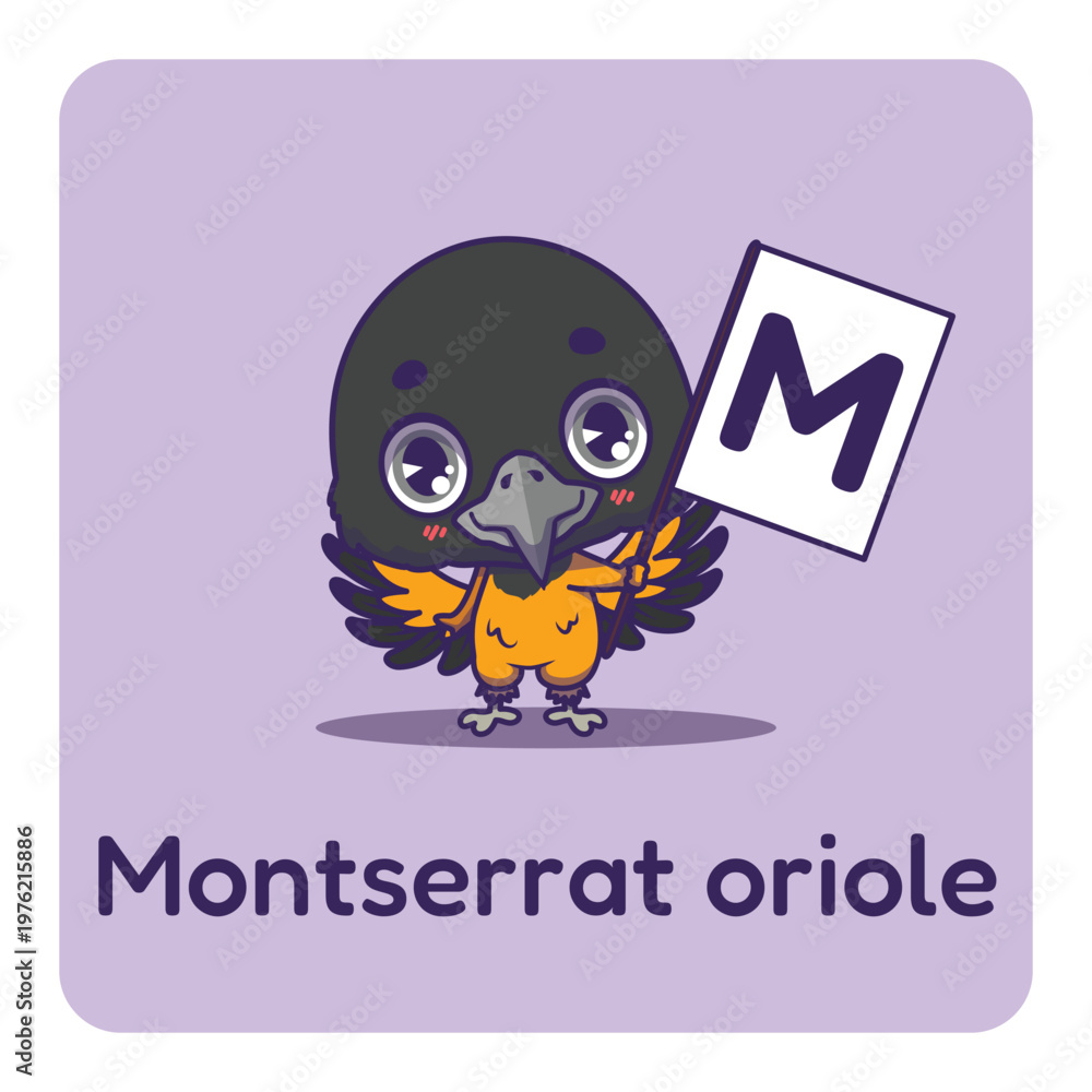 Obraz premium Cute Montserrat oriole holding flag with letter M for fun educational purposes, illustrations