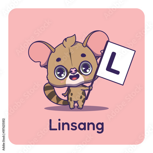 Cute linsang holding flag with letter L for fun educational purposes, illustrations