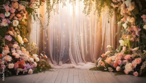 Elegant Wedding Backdrop with Floral Arch and Soft Lighting.