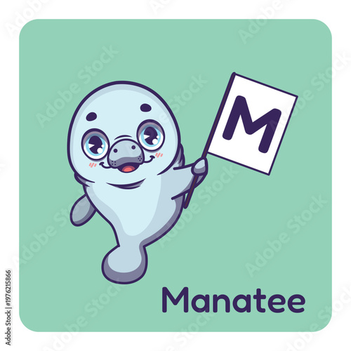 Cute manatee holding flag with letter M for fun educational purposes, illustrations