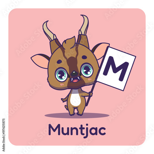 Cute muntjac holding flag with letter M for fun educational purposes, illustrations