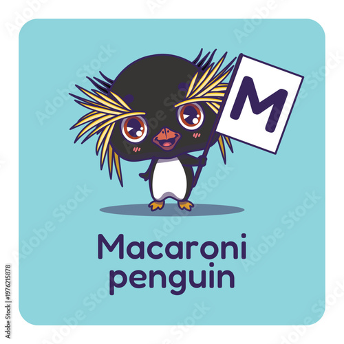 Cute macaroni penguin holding flag with letter M for fun educational purposes, illustrations