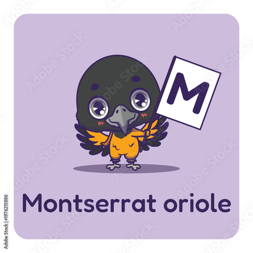 Cute Montserrat oriole holding flag with letter M for fun educational purposes, illustrations