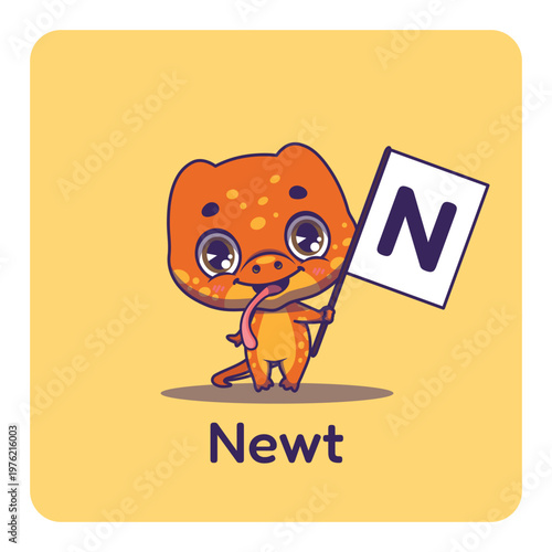 Cute newt holding flag with letter N for fun educational purposes, illustrations