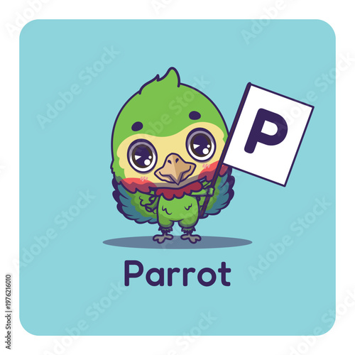 Cute parrot holding flag with letter P for fun educational purposes, illustrations