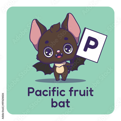 Cute pacific fruit bat holding flag with letter P for fun educational purposes, illustrations
