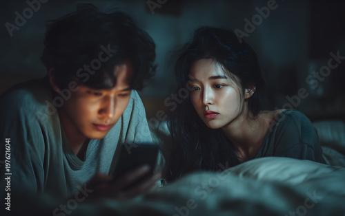 Atmospheric shot of a man and woman watching a video on a smartphone in a low-light indoor setting.