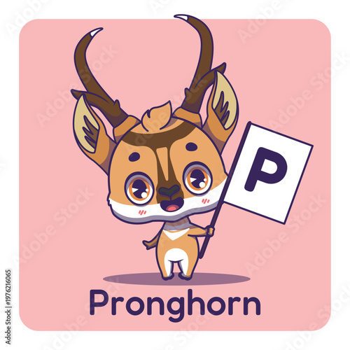Cute pronghorn holding flag with letter P for fun educational purposes, illustrations