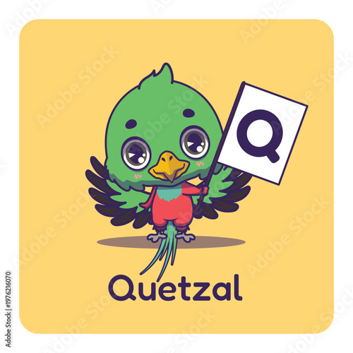 Cute quetzal holding flag with letter Q for fun educational purposes, illustrations