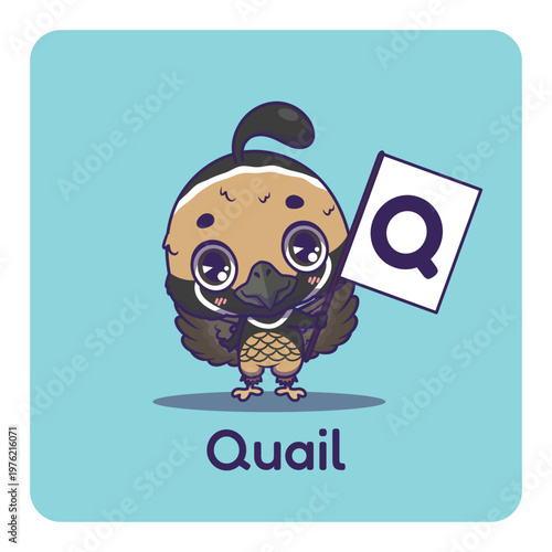 Obraz na płótnie Cute quail holding flag with letter Q for fun educational purposes, illustration