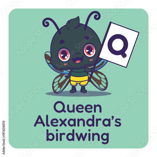 Cute Queen Alexandra's birdwing holding flag with letter Q for fun educational purposes, illustrations