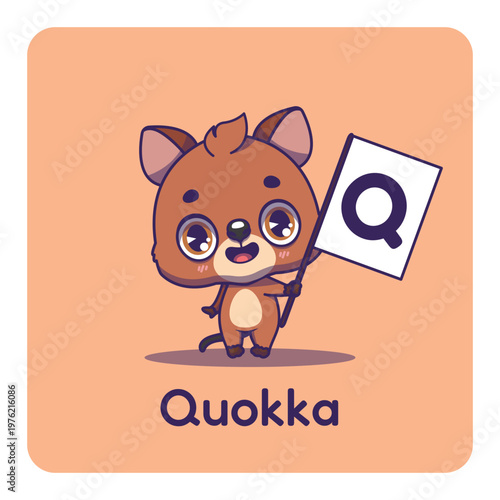 Cute quokka holding flag with letter Q for fun educational purposes, illustrations