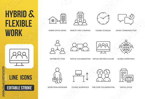 A set of hybrid and flexible work icons for remote teams, digital collaboration, scheduling, and modern workplace environments, created in line style with editable stroke