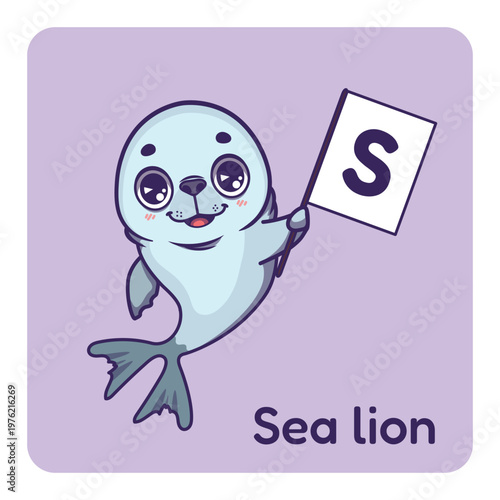 Cute sea lion holding flag with letter S for fun educational purposes, illustrations