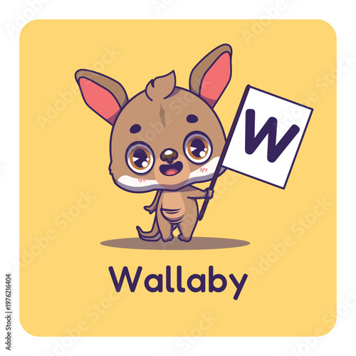 Cute wallaby holding flag with letter W for fun educational purposes, illustrations