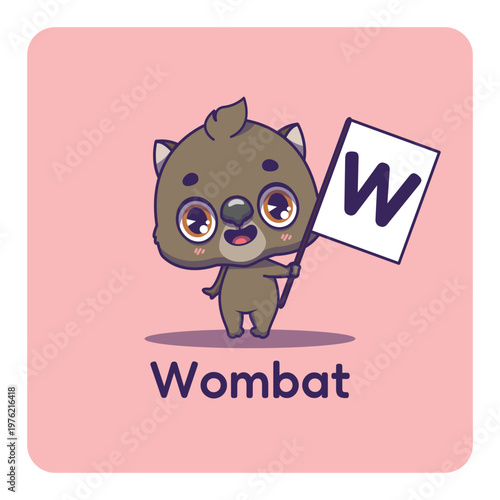 Cute wombat holding flag with letter W for fun educational purposes, illustrations