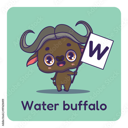 Cute water buffalo holding flag with letter W for fun educational purposes, illustrations