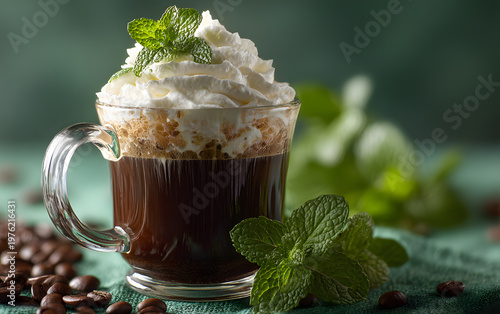 Moody lifestyle portrait of a hot coffee with cream and mint decoration on a wooden surface.
