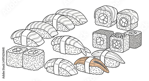 Sushi rolls with various fillings.