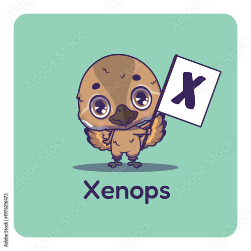 Cute xenops holding flag with letter X for fun educational purposes, illustrations