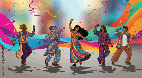 People dancing in colorful outfits together.