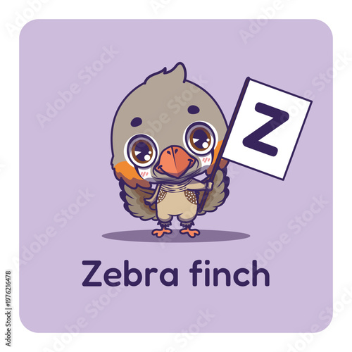 Cute zebra finch holding flag with letter Z for fun educational purposes, illustrations
